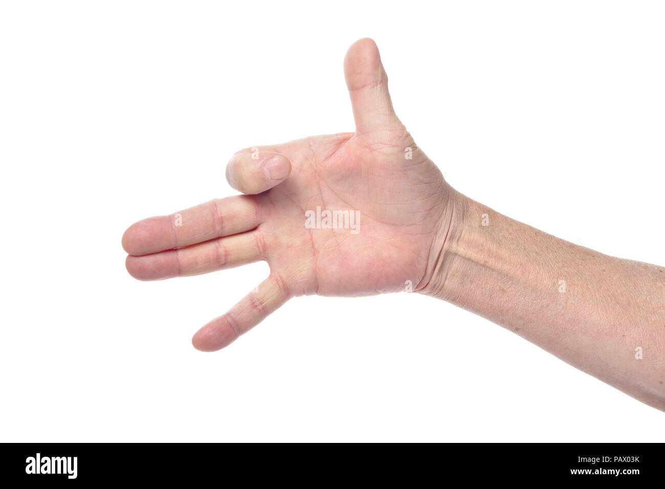 Hand of senior woman showing dog sign with fingers  Stock Photo