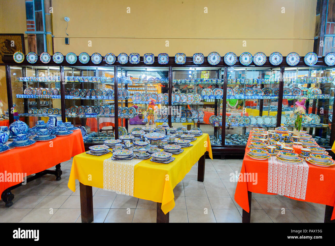 PUEBLA, MEXICO - OCT 30, 2016: Interior of the shop which sells articles made of talavera,  Mexican traditional type of maiolica pottery, distinguishe Stock Photo