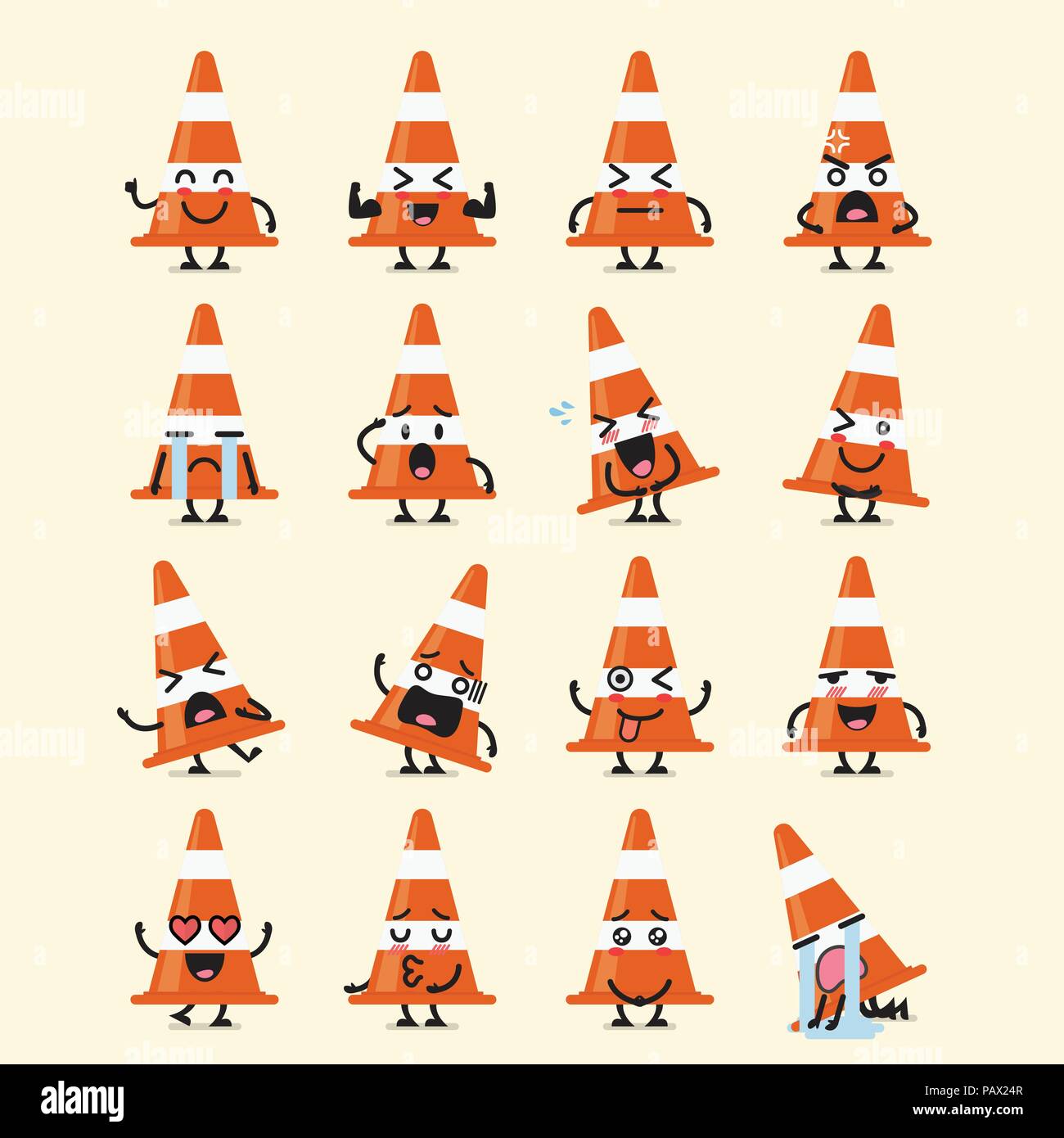 Traffic cone character emoji set. Funny cartoon emoticons Stock Vector