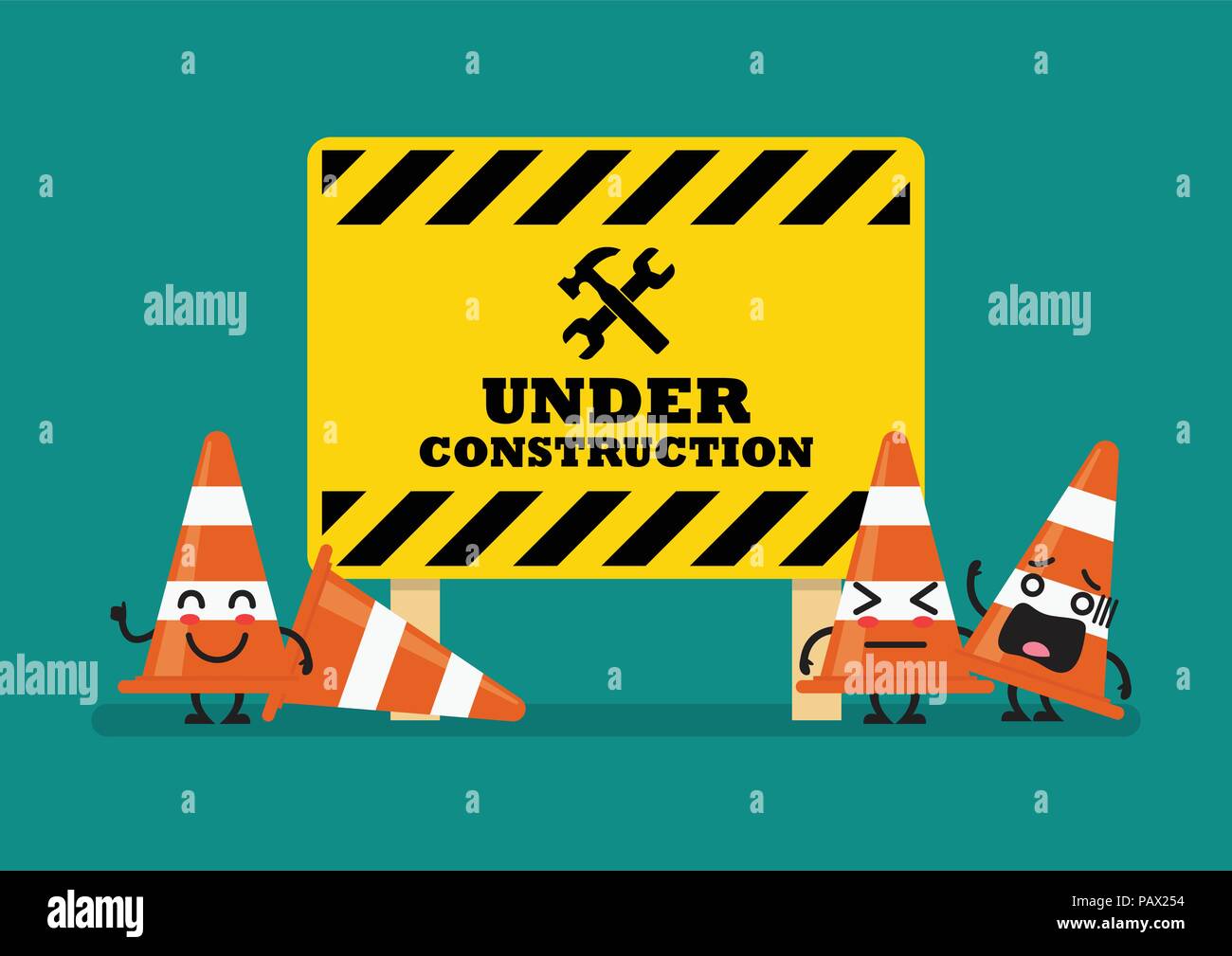 Under construction sign and traffic cones character. Vector illustration Stock Vector