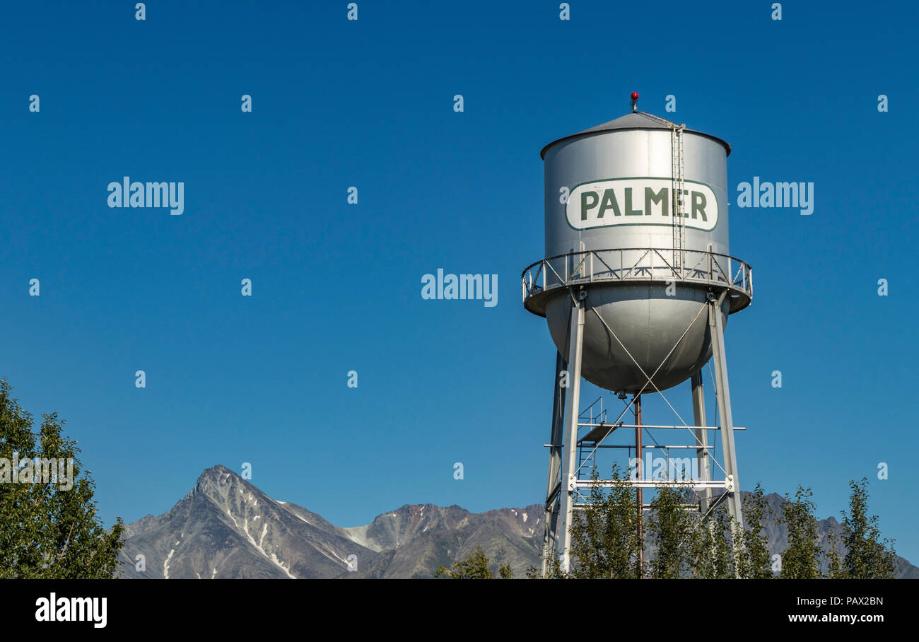 Municipal water tower in the town of Palmer, Alaska, USA, in summertime. Stock Photo