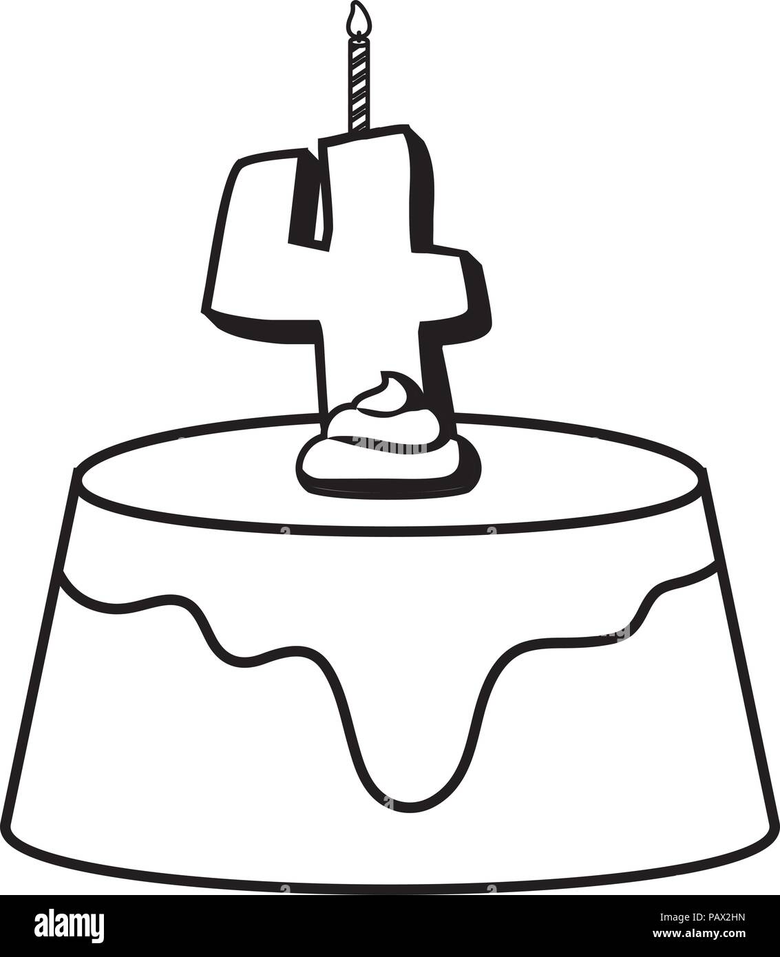 Birthday cake with number four candle over white background, vector