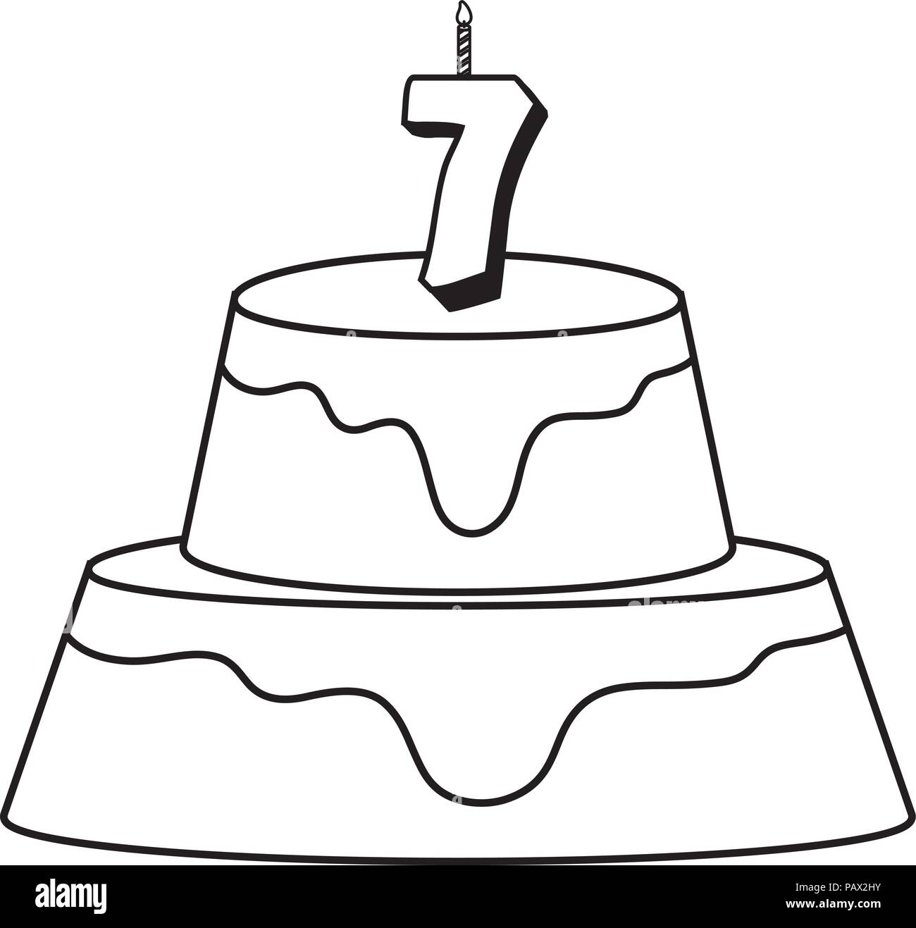 Birthday cake with number seven candle icon over white background
