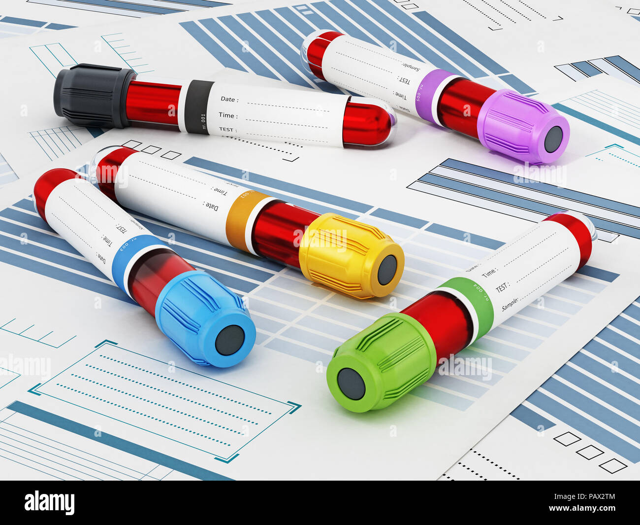 Blood vials with vibrant colored lids standing on medical forms. 3D