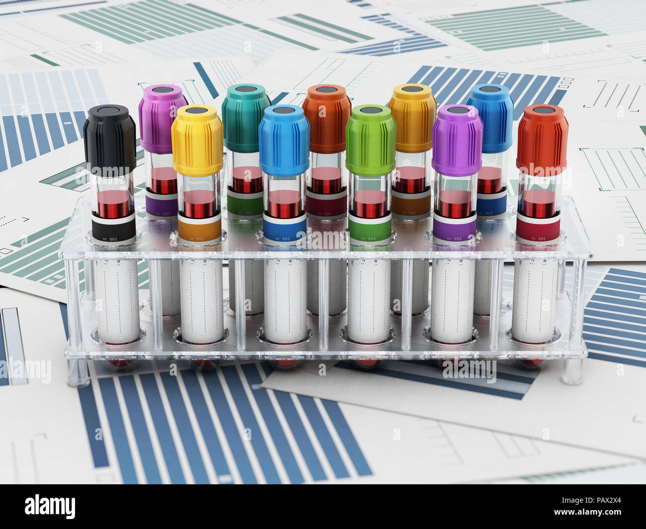 Blood vials with vibrant colored lids standing on medical forms. 3D
