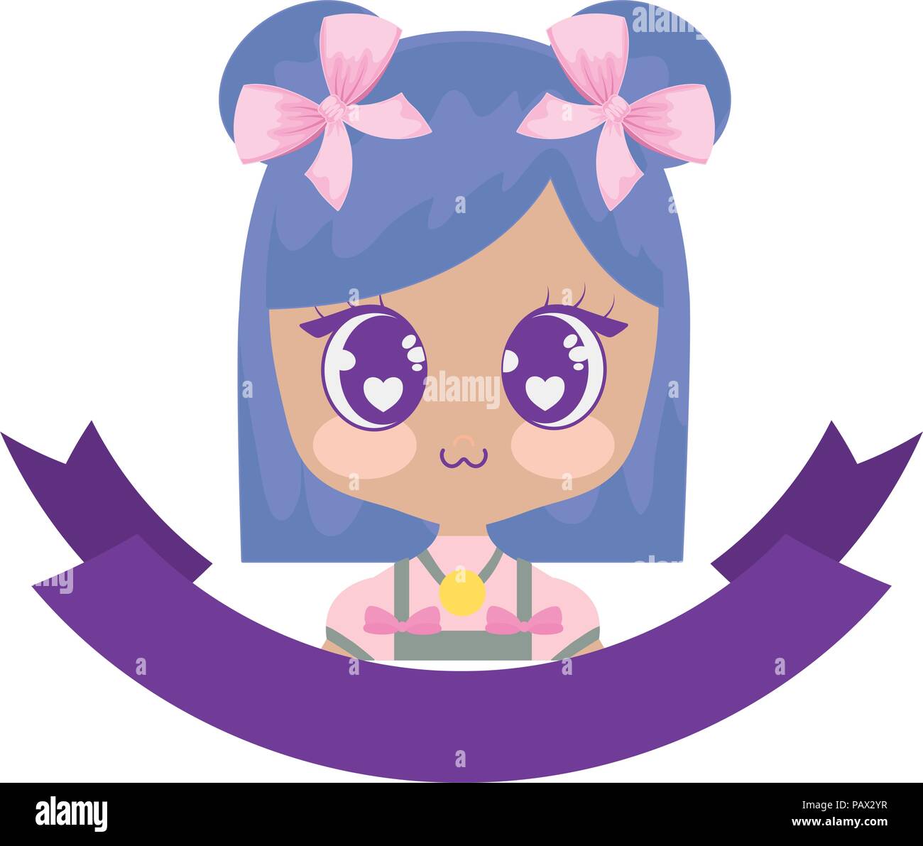 emblem with cute asian girl icon and decorative ribbon over white ...
