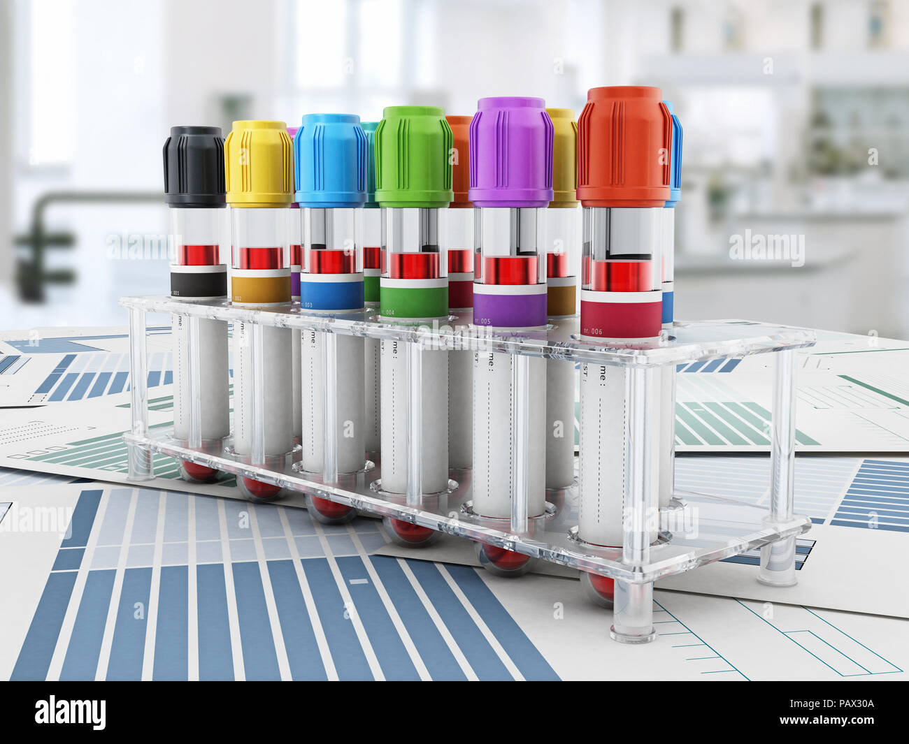 Blood vials with vibrant colored lids standing on medical forms. 3D