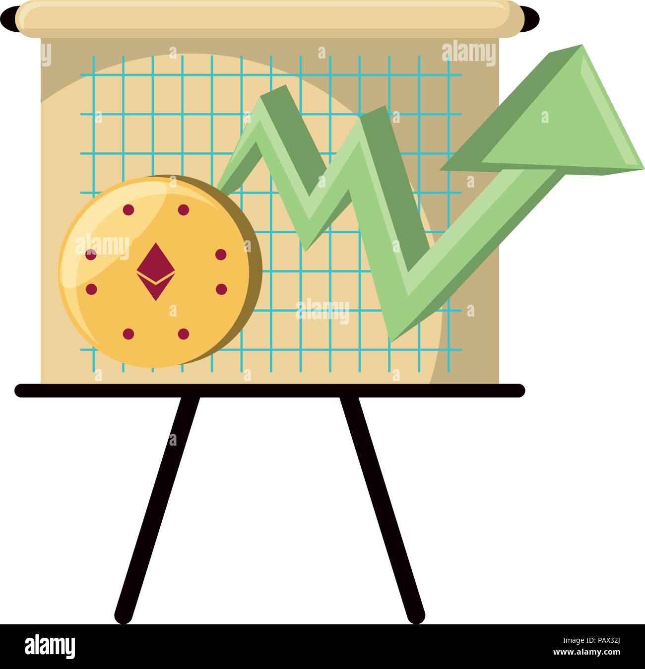 presentation board with cryptocoins and financial arrow icon over white ...