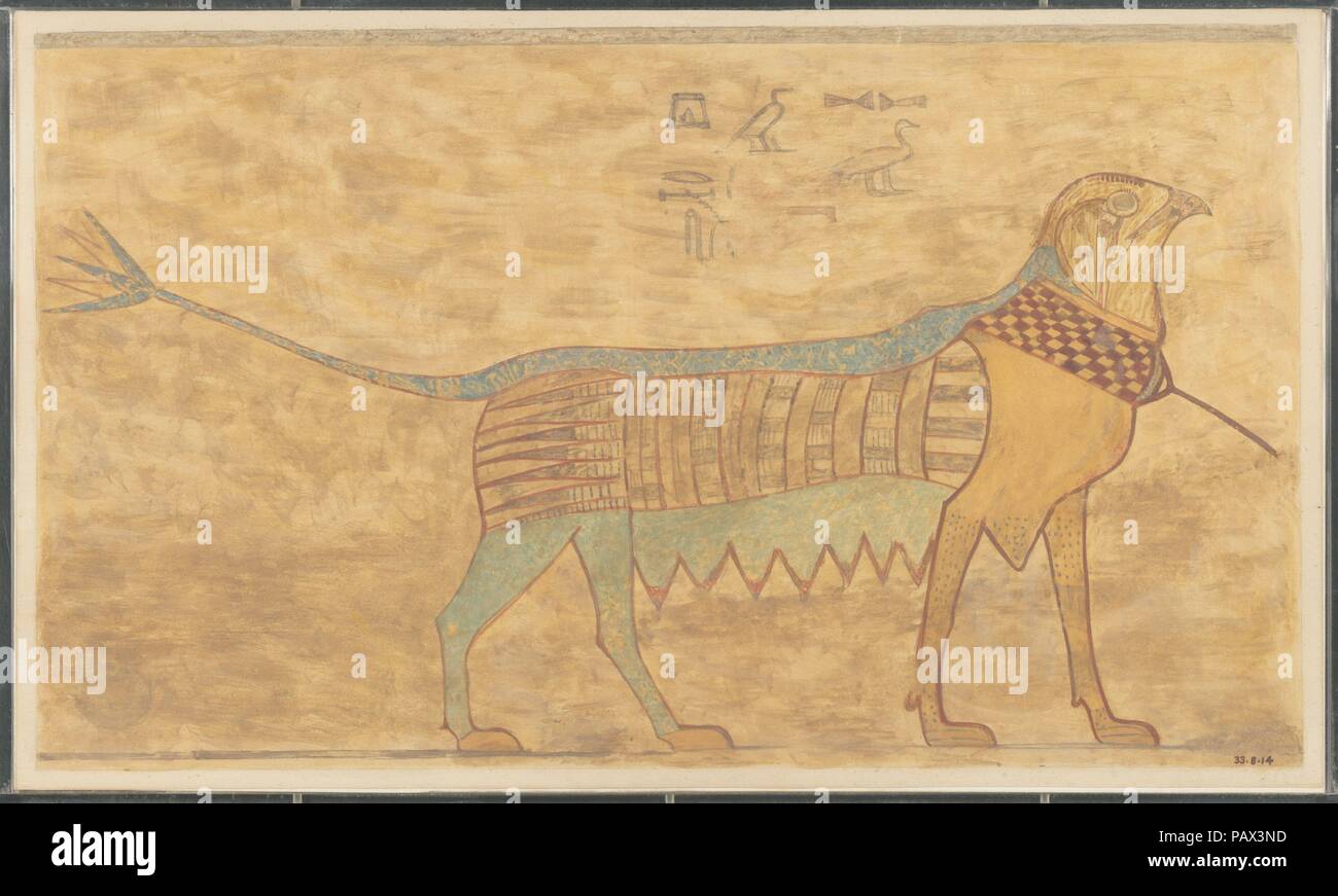 Detail of a Griffin, Tomb of Khety. Artist: Norman de Garis Davies (1865-1941); Nina de Garis Davies (1881-1965) or. Dimensions: facsimile: h. 26.5 cm (10 7/16 in); w. 45.3 cm (17 13/16 in)  1:1 scale  framed: h. 26.7 cm (10 1/2 in); w. 36.2 cm (14 1/4 in). Dynasty: Dynasty 11. Date: ca. 2140-1991 B.C.. Museum: Metropolitan Museum of Art, New York, USA. Stock Photo
