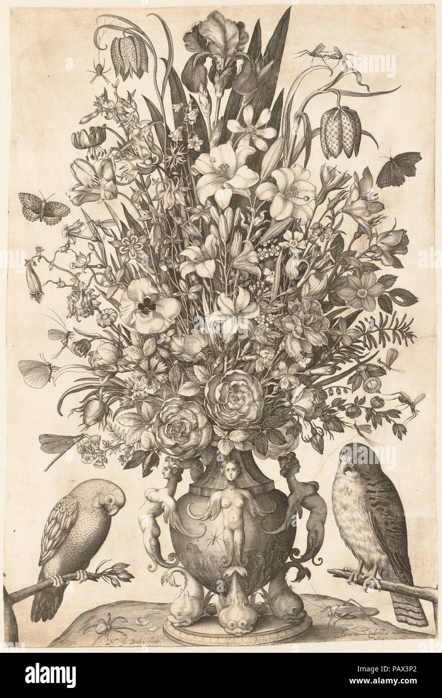 Vase of Flowers with Two Birds. Artist: Engraved by Nicolaes de Bruyn (Netherlandish,  Antwerp 1571-1656 Rotterdam); After ? Jacob Savery I (Netherlandish, ca. 1565-1603). Dimensions: sheet: 23 3/8 x 15 7/8 in. (59.4 x 40.3 cm). Date: 1590-1656. Museum: Metropolitan Museum of Art, New York, USA. Stock Photo