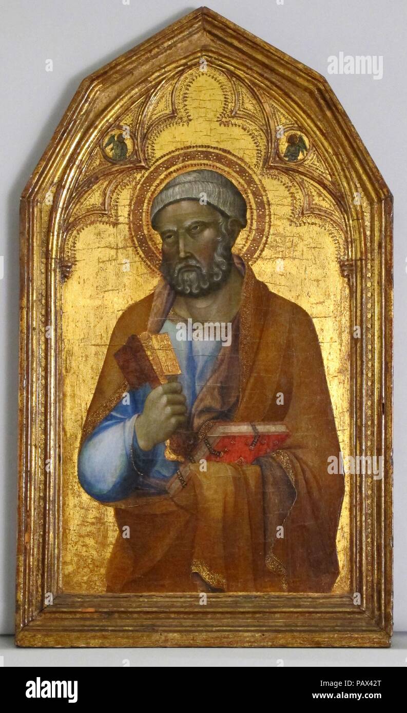 Engaged molding on a polyptych panel. Artist: Siena. Culture: Italian, Siena. Dimensions: Overall, 47.6 x 27.8 cm; sight, 39.6 x 21.6; engaged.. Date: ca. 1345.  Philip Lehman acquired this 'Saint Peter' and 1975.1.14b,'Saint Mary Magdelene', within two years of each other, in 1916 and 1918. By then, the tops had already been altered and the replacements interpreted in different ways. The triangular gables remian on four other panels from the same polyptych in the Pinacoteca Nazionale, Siena. The 'Saint John the Baptist' in Siena, along with the two Lehman panels, formed the right side of the  Stock Photo