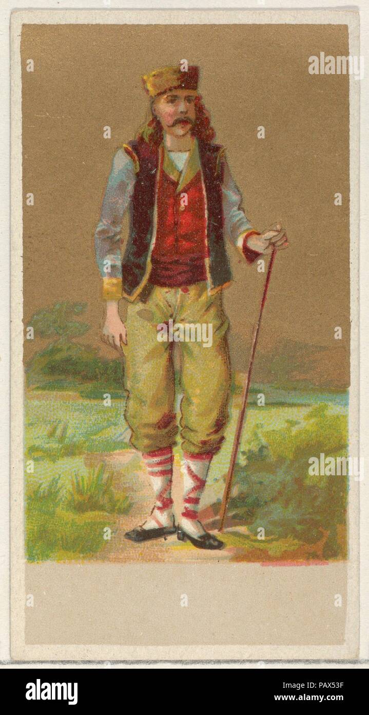 Bulgaria, from the Natives in Costume series (N16), Teofani Issue, for Allen & Ginter Cigarettes Brands. Dimensions: Sheet: 2 3/4 x 1 1/2 in. (7 x 3.8 cm). Publisher: Plates used from original issue by Allen & Ginter (American, Richmond, Virginia); Issued by Teofani & Company (British). Date: ca. 1886.  Trade cards from the 'Natives in Costume' series (N16), issued in 1886 in a set of 50 cards to promote Allen & Ginter brand cigarettes. Secondary set from original Allen & Ginter plates printed by Teofani and distributed in Iceland. This set is printed on thinner card stock and does not have pr Stock Photo