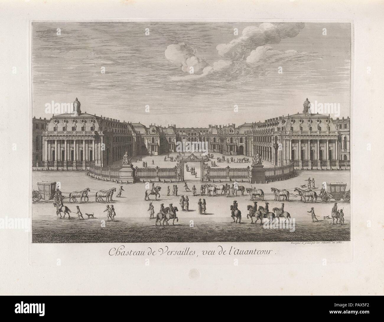 Château de Versailles seen from the forecourt, from Chalcographie du Louvre, Vol. 22. Artist: Israel Silvestre (French, Nancy 1621-1691 Paris). Dimensions: Plate: 14 15/16 x 19 13/16 in. (38 x 50.4 cm)  Sheet: 19 5/16 x 26 3/8 in. (49 x 67 cm). Date: 1682.  This engraving, showing the facade of the palace with its marble court and forecourt, dates to 1682, the year Louis XIV officially moved his court from Paris to Versailles. Museum: Metropolitan Museum of Art, New York, USA. Stock Photo