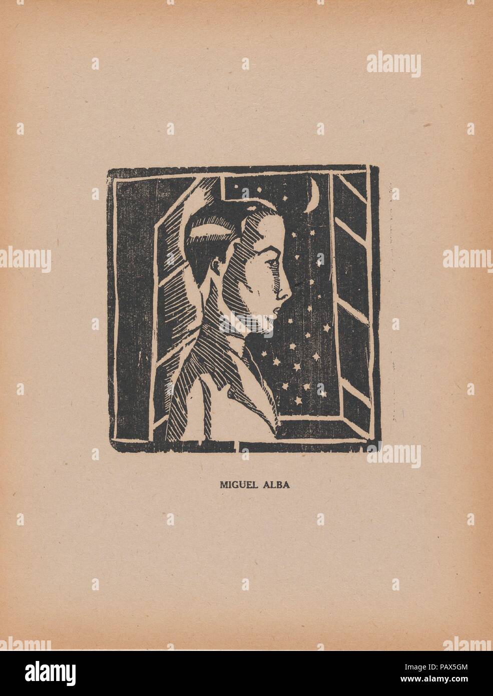 A young man facing right standing before a window through which we see stars and the moon, from the portfolio 'Los pequeños grabadores en madera, alumnos de la Escuela Preparatoria de Jalisco' (Guadalajara, Mexico 1925). Artist: Miguel Alba (Mexican, active 1920s). Dimensions: Sheet: 11 11/16 × 8 15/16 in. (29.7 × 22.7 cm)  Image: 5 1/8 × 4 15/16 in. (13 × 12.5 cm). Date: ca. 1924.  See comment for 29.101.19. Museum: Metropolitan Museum of Art, New York, USA. Stock Photo