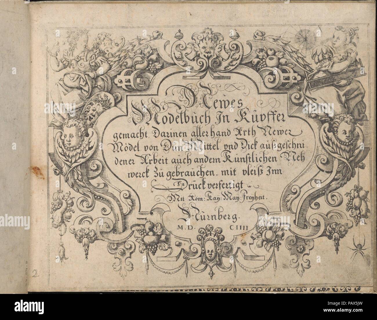 Newes Modelbuch in Kupffer (second title page, 2r). Artist: Johann Sibmacher (German, active 1590-1611). Dimensions: Overall: 5 11/16 x 7 1/16 x 3/4 in. (14.5 x 18 x 1.9 cm). Date: 1604.  Designed by Johann Sibmacher, German, active 1590-1611.  2 illustrated title pages, 12 pages of text surrounded by decorative borders, and 56 pages of designs. Museum: Metropolitan Museum of Art, New York, USA. Stock Photo