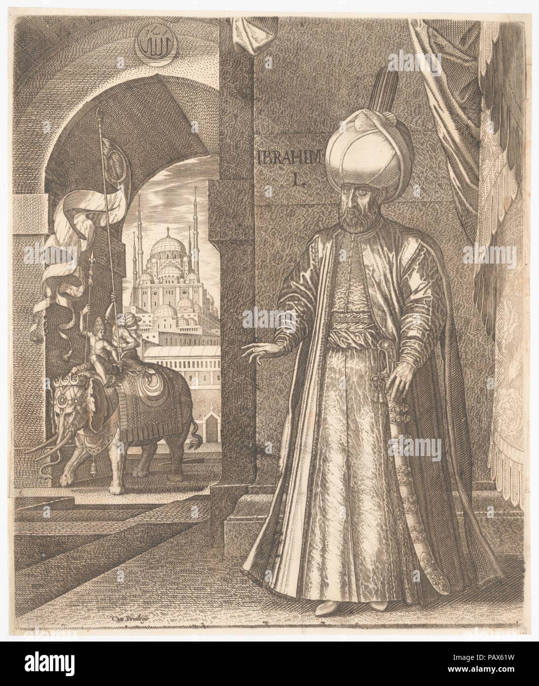 Sultan Süleyman and the Süleymaniye Mosque, Constantinople, 1574 (or earlier) , altered in 1688 to represent Ibrahim I. Artist: Melchior Lorck (Danish, Flensburg 1526-after 1588 Hamburg (?)). Dimensions: 15 13/16 x 11 1/4 in. (40.2 x 28.6 cm). Date: 1559-1688. Museum: Metropolitan Museum of Art, New York, USA. Stock Photo