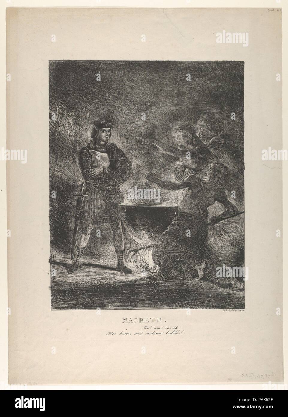 Macbeth Consulting the Witches. Artist: Eugène Delacroix (French, Charenton-Saint-Maurice 1798-1863 Paris). Dimensions: Image: 12 9/16 × 9 7/8 in. (31.9 × 25.1 cm)  Sheet: 19 3/4 × 13 7/8 in. (50.2 × 35.2 cm). Series/Portfolio: Macbeth, Act 4, Scene 1. Subject: William Shakespeare (British, Stratford-upon-Avon 1564-1616 Stratford-upon-Avon). Date: 1825.  One of Delacroix's most striking prints, 'Macbeth Consulting the Witches' owes its dynamic technique to the lithographs of Goya, whose monumental bullfight scenes had just been published in Bordeaux. Datable to 1825, this is probably Delacroix Stock Photo