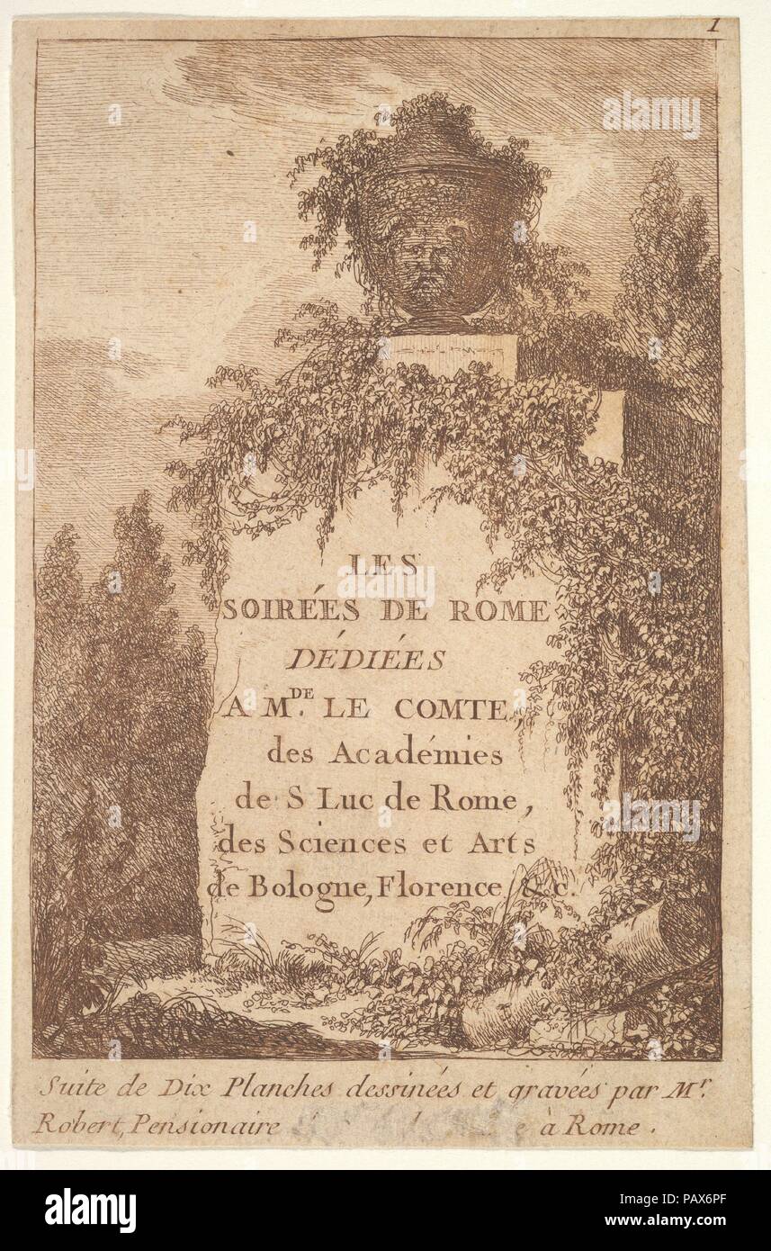 Title page: a wall in center surrounded by ruins and poplar trees, surmounted by a vase decorated with the head of a satyr, from 'Les soirées de Rome'. Artist: Hubert Robert (French, Paris 1733-1808 Paris). Dimensions: Sheet: 5 1/2 × 3 9/16 in. (13.9 × 9 cm). Series/Portfolio: 'Les soirées de Rome'. Date: ca. 1763-64. Museum: Metropolitan Museum of Art, New York, USA. Stock Photo