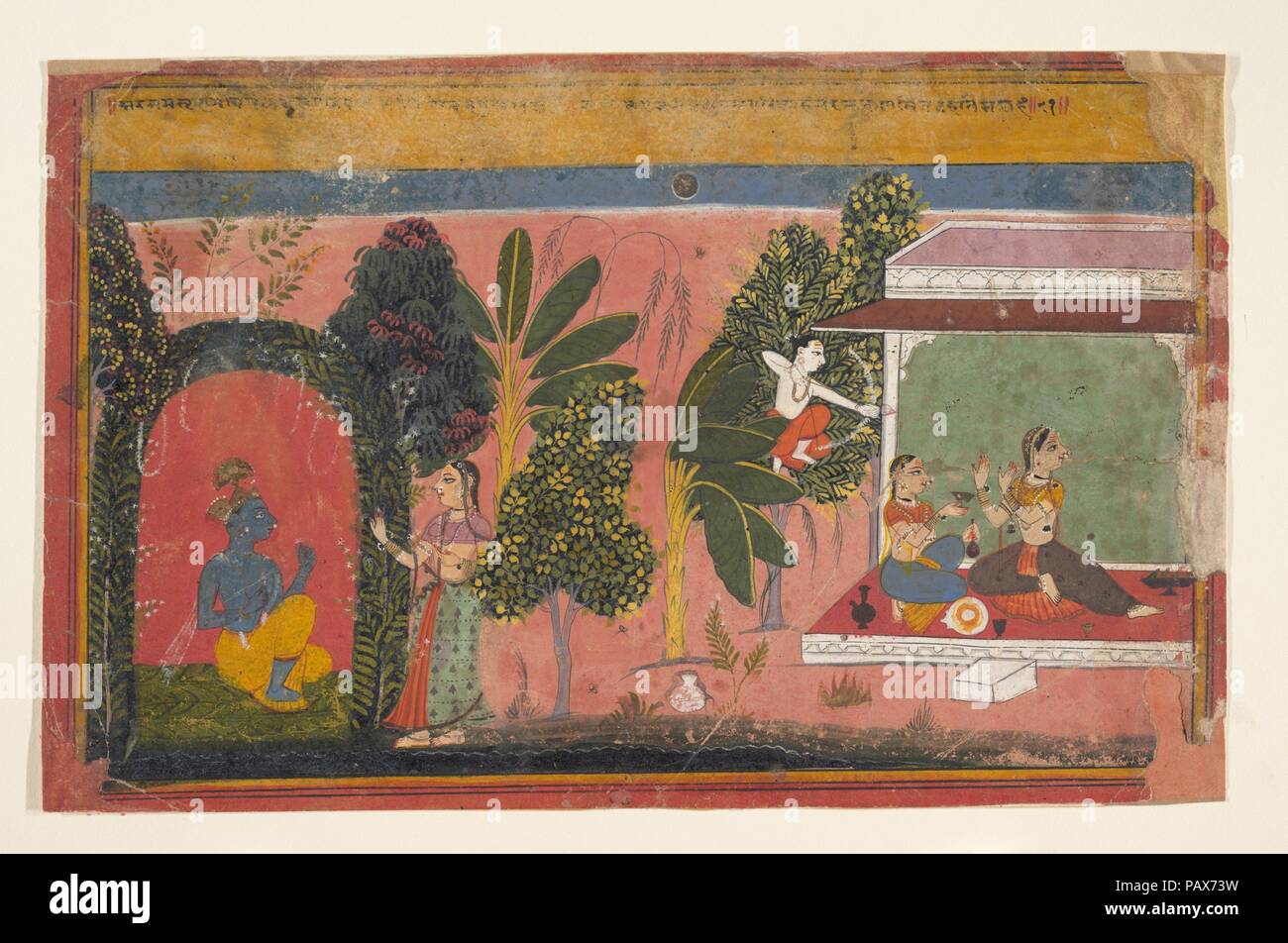 Kama Aims His Bow at Radha: Page From a Dispersed Gita Govinda (Loves of Krishna). Culture: India (Rajasthan, Mewar). Dimensions: H. 7 1/4 x  W. 11 3/8 in. (18.4 x 28.9 cm). Date: ca. 1695.  Vegetation and architecture divide this painting into thirds. On the right sits Radha, refusing to be comforted. From the trees, Kama, the Hindu god of love, aims arrows at Radha's heart, while at the center, Radha's friend walks through the woods to bring Krishna (left) back to his lover.   Paintings executed during the reign of Maharana Jai Singh (1680-98), like this one, tend to be executed more crudely Stock Photo