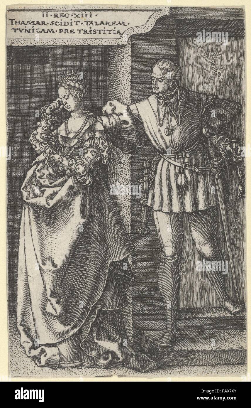 Tamar Turned Out of Amnon's House, from The Story of Amnon and Tamar. Artist: Heinrich Aldegrever (German, Paderborn ca. 1502-1555/1561 Soest). Dimensions: Sheet: 4 3/4 × 3 1/8 in. (12 × 8 cm). Date: 1540.  Tamar crying at left, while approached by Amnon's servant, who stands in a doorway at right. Based on 2 Samuel 13:17. Plate 3 from a series of seven plates with the Story of Amnon and Tamar. Museum: Metropolitan Museum of Art, New York, USA. Stock Photo