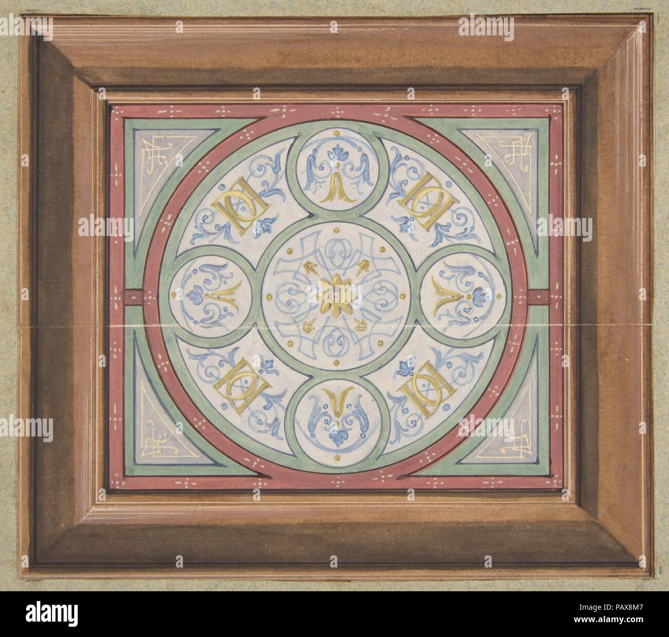 Design for painted decoration of a ceiling incorporating interwined initials: DD. Artist: Jules-Edmond-Charles Lachaise (French, died 1897); Eugène-Pierre Gourdet (French, born Paris, 1820-1889). Dimensions: Overall: 10 11/16 x 8 1/4 in. (27.1 x 21 cm)  image: 7 1/16 x 6 1/4 in. (17.9 x 15.8 cm). Date: second half 19th century. Museum: Metropolitan Museum of Art, New York, USA. Stock Photo