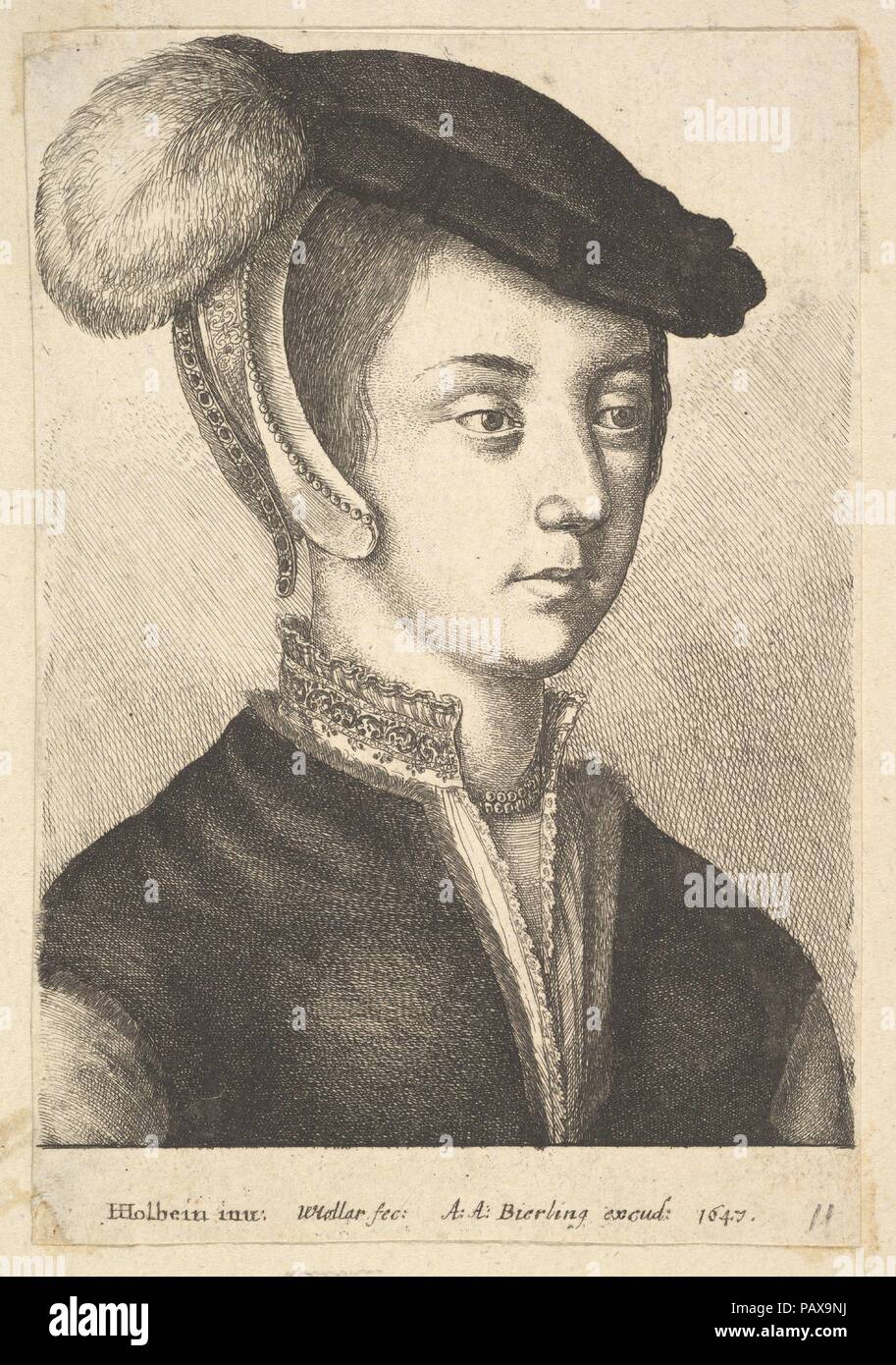 Young woman wearing a feathered cap. Artist: After Hans Holbein the Younger (German, Augsburg 1497/98-1543 London). Dimensions: Sheet: 5 3/16 × 3 9/16 in. (13.2 × 9 cm)  cut mostly outside image but within platemark. Etcher: Wenceslaus Hollar (Bohemian, Prague 1607-1677 London). Date: 1647.  Portrait of a young woman, bust-length, directed and looking to right; wearing a dark plumed cap over jewelled head-dress, pearl necklace, fur-trimmed waistcoat over blouse with embroidered standing collar; after Hans Holbein the Younger. Museum: Metropolitan Museum of Art, New York, USA. Stock Photo
