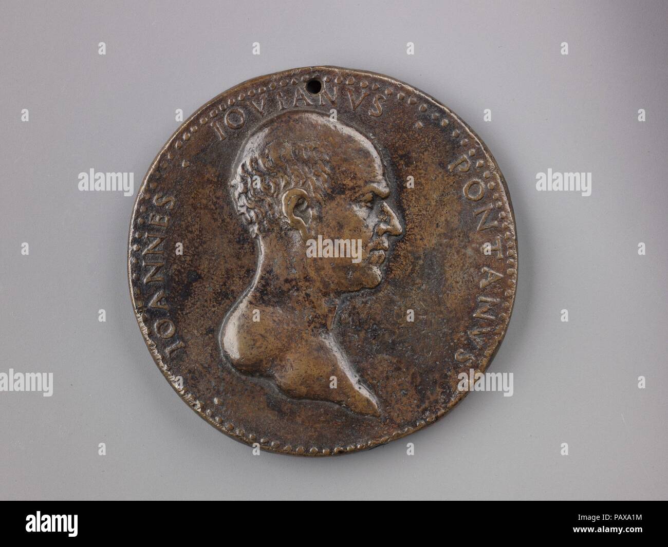 Portrait medal of Giovanni Giovano Pontano. Artist: Adriano Fiorentino (Adriano di Giovanni de' Maestri) (Italian, Florence (?) born ca. 1450-60, died 1499 Florence). Dimensions: Diam. 8.4 cm, wt. 219.38 g.. Date: model last quarter 15th century (cast 16th century).  Giovanni Gioviano Pontano was a humanist and prolific writer in Latin. He was also an educator at the royal house of Aragon in Naples, where he served as tutor to Ferdinand II and secretary to his mother, Ippolita Sforza. Pontano later turned against his Aragonese patrons in writings endorsing their enemy, Louis XII of France.   T Stock Photo