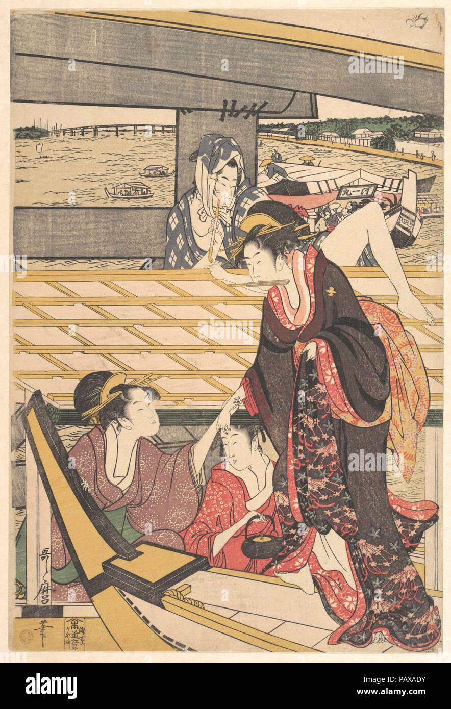 Pleasure Parties in Boats on the Sumida River under the Ryogoku Bridge. Artist: Kitagawa Utamaro (Japanese, ca. 1754-1806). Culture: Japan. Dimensions: 15 3/32 x 10 1/5 in. (38.3 x 25.9 cm). Date: ca. 1796. Museum: Metropolitan Museum of Art, New York, USA. Stock Photo