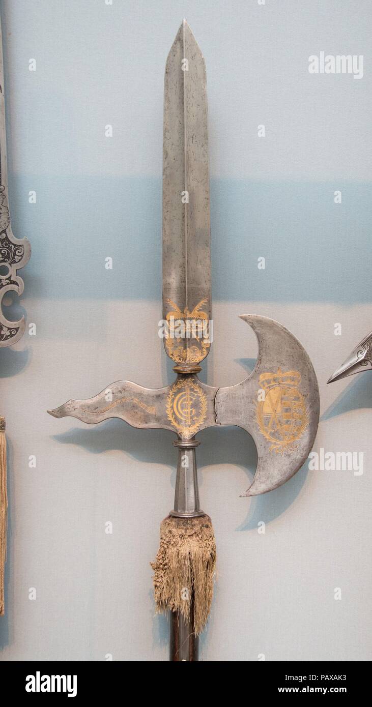 Halberd of the Swiss Guard of Johann Georg II of Saxony (reigned 1656-80). Culture: German. Dimensions: L. 87 in. (220.98 cm). Date: dated 1680.  This staff weapon was carried by the bodyguards of the Prince-Electors of Saxony. Museum: Metropolitan Museum of Art, New York, USA. Stock Photo
