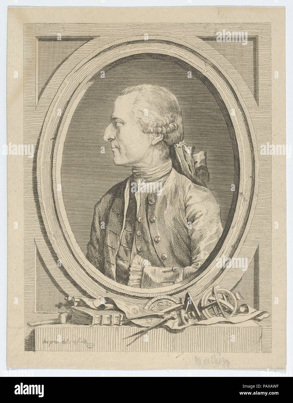 Antoine de Chézy. Artist: Louis Jean Desprez (French, Auxerre 1743-1804 Stockholm). Dimensions: Sheet: 8 9/16 × 6 9/16 in. (21.7 × 16.7 cm). Date: ca.1772-76.  The subject of the print, Antoine de Chézy (1718-1798) was a French hydraulics engineer, made director of the École nationale des ponts et chaussées shortly before his death in 1798. It is among the earlier works of Desprez, one of the 18th century's most original and accomplished printmakers. Although the oval format is conventional, the technique is distinguished by Desprez's elegant line, at once wobbly and self-assured. Museum: Metr Stock Photo
