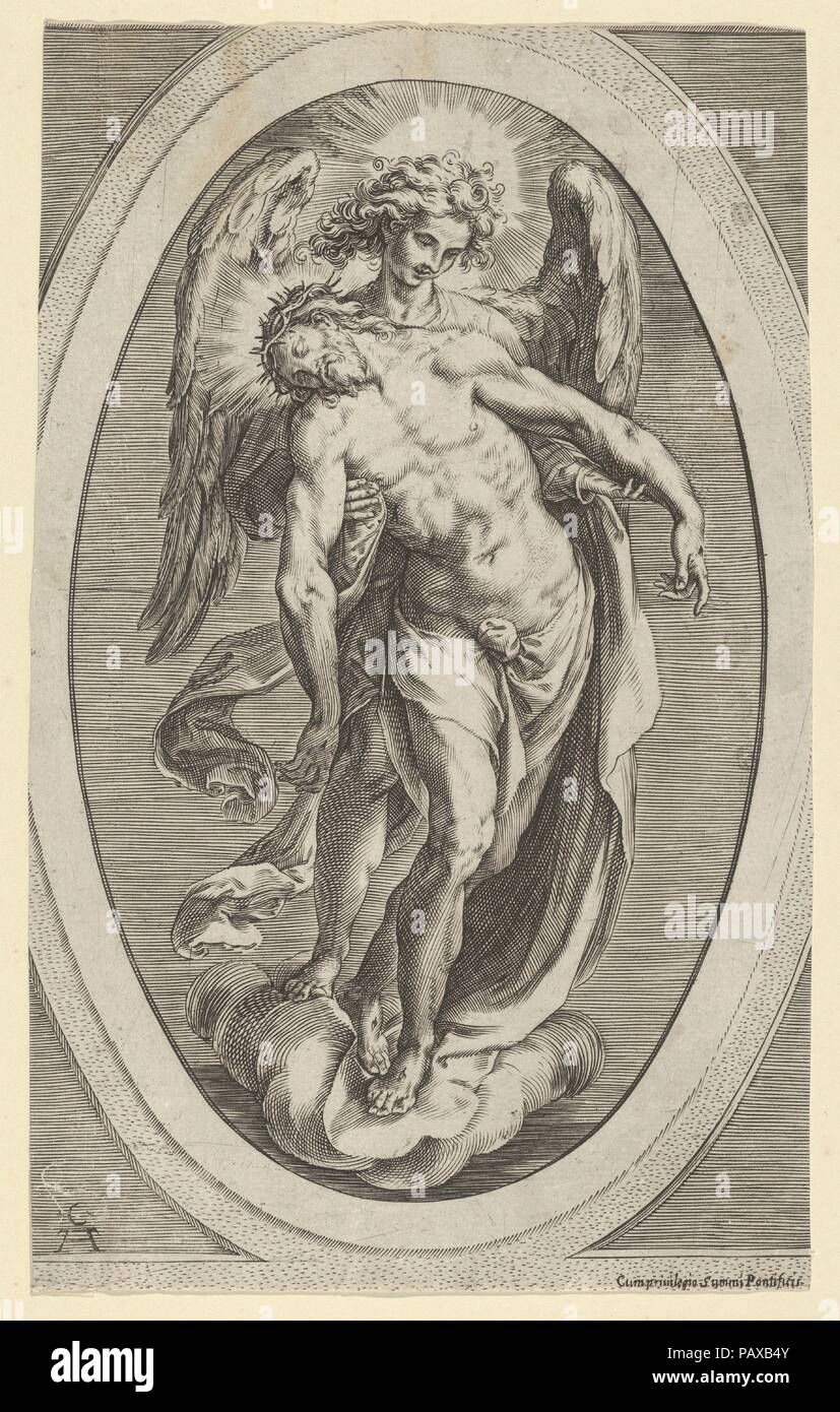 Christ supported by an angel standing on a cloud. Artist: Cherubino Alberti (Zaccaria Mattia) (Italian, Borgo Sansepolcro 1553-1615 Rome). Dimensions: Sheet: 9 3/8 × 5 13/16 in. (23.8 × 14.8 cm). Date: 1600-1610. Museum: Metropolitan Museum of Art, New York, USA. Stock Photo