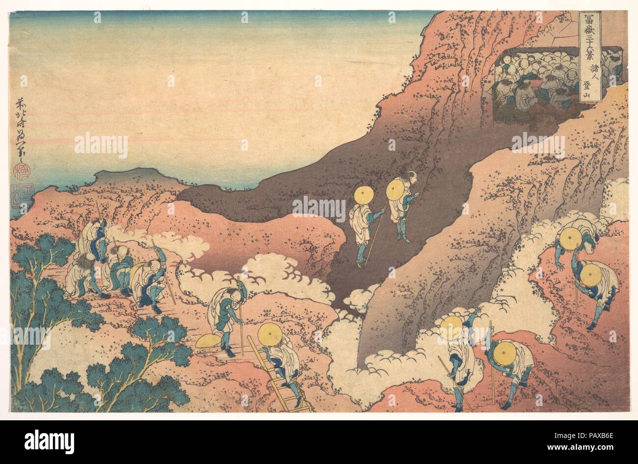 Groups of Mountain Climbers (Shojin tozan), from the series Thirty-six Views of Mount Fuji (Fugaku sanjurokkei). Artist: Katsushika Hokusai (Japanese, Tokyo (Edo) 1760-1849 Tokyo (Edo)). Culture: Japan. Dimensions: 9 1/2 x 14 5/8 in. (24.1 x 37.1 cm). Date: ca. 1830-32.  Unlike the other prints from the series, which portray Mount Fuji from a distance, this image depicts the very top of the sacred mountain, with pilgrims arriving at Fuji's breathtaking summit after an exhausting climb and making their way toward the mountain's grottoes for worship. Artwork also known as: 36 ANSICHTEN DES FUJI. Stock Photo