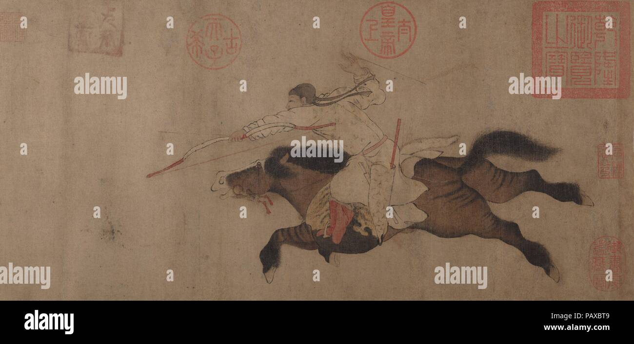 Stag Hunt. Artist: Attributed to Huang Zongdao (Chinese, active ca. 1120); Formerly Attributed to Li Zanhua (Chinese, 899-936). Culture: China. Dimensions: Image: 9 11/16 × 31 1/16 in. (24.6 × 78.9 cm)  Overall with mounting: 10 1/8 in. × 22 ft. 7 1/4 in. (25.7 × 689 cm).  As he hits his prey, the hunter on his pony is ready with a second arrow in his left hand. The powerful horse is shown in an animated 'flying gallop,' with bulging muscles suggesting the frenzied excitement of the chase, while the delicately rendered deer presents a moving portrait of a gentle victim and death.  Hunting was  Stock Photo