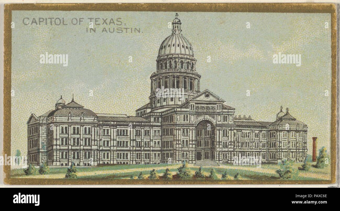 Capitol of Texas in Austin, from the General Government and State Capitol Buildings series (N14) for Allen & Ginter Cigarettes Brands. Dimensions: Sheet: 1 1/2 x 2 3/4 in. (3.8 x 7 cm). Lithographer: The Gast Lithograph & Engraving Company (American, New York). Publisher: Issued by Allen & Ginter (American, Richmond, Virginia). Date: 1889.  Trade cards from the 'General Government and State Capitol Buildings' series (N14), issued in 1889 in a set of 50 cards to promote Allen & Ginter brand cigarettes. Museum: Metropolitan Museum of Art, New York, USA. Stock Photo