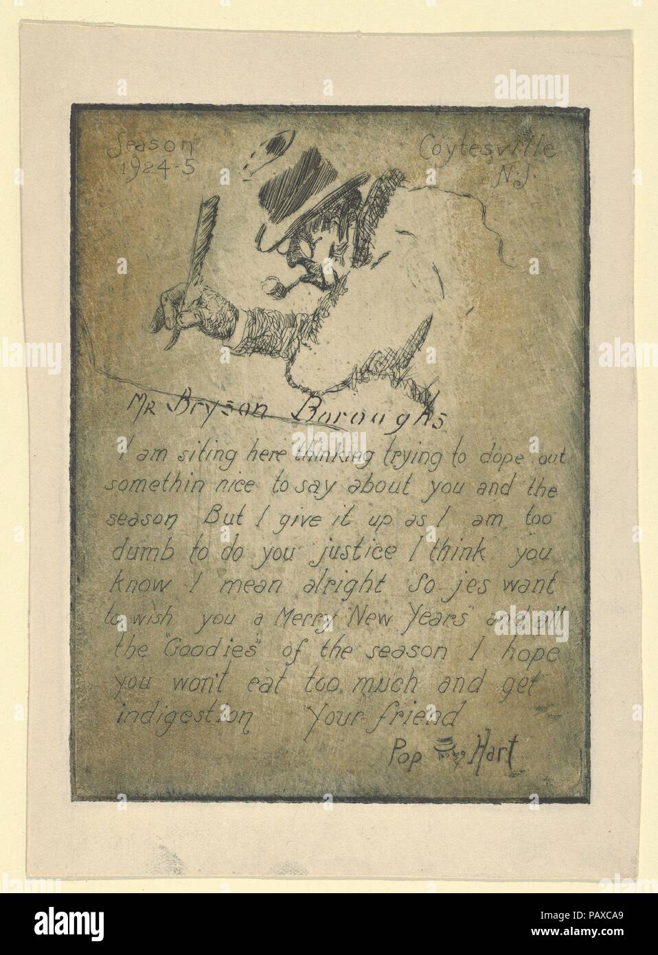 'Season's Greetings,' 1924-1925, addressed to Mr. Bryson Boroughs. Artist: George Overbury 'Pop' Hart (American, Cairo, Illinois 1868-1933 New York). Dimensions: Plate: 6 in. × 4 1/2 in. (15.2 × 11.4 cm)  Sheet: 7 1/4 × 5 1/4 in. (18.4 × 13.3 cm). Date: 1924. Museum: Metropolitan Museum of Art, New York, USA. Stock Photo