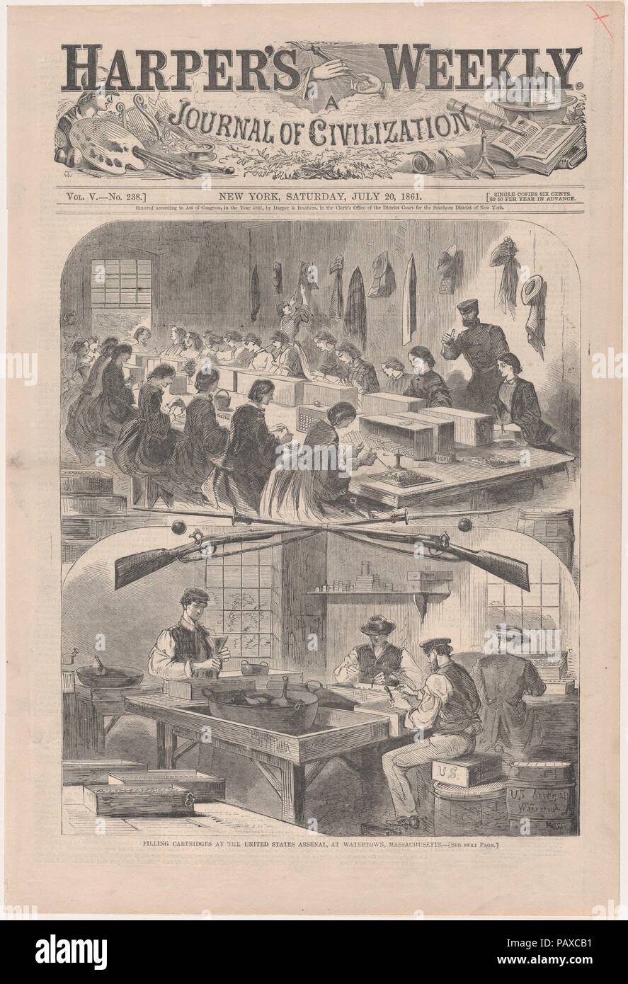 Filling Cartridges at the United States Arsenal, at Watertown, Massachusetts (Harper's Weekly, Vol. V). Artist: Winslow Homer (American, Boston, Massachusetts 1836-1910 Prouts Neck, Maine). Dimensions: image: 10 7/8 x 9 1/4 in. (27.6 x 23.5 cm)  sheet: 16 1/8 x 10 7/8 in. (41 x 27.6 cm). Publisher: Harper's Weekly (American, 1857-1916). Date: July 20, 1861. Museum: Metropolitan Museum of Art, New York, USA. Stock Photo