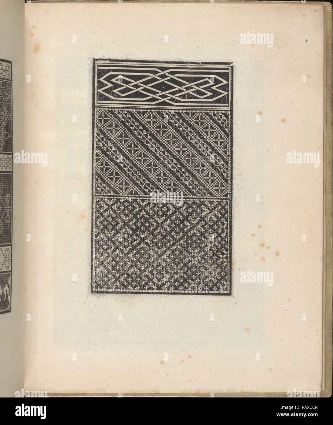 Trionfo Di Virtu. Libro Novo..., page 11 (recto). Dimensions: Overall: 9 13/16 x 7 7/8 in. (25 x 20 cm). Publisher: Matteo Pagano (Italian, 1515-1588) , Venice. Date: 1563.  Published by Matteo Pagano, Italian, 1515-1588, Venice.  From top to bottom, and left to right:  Design composed of 3 horizontal registers. Top register is decorated with an interlace pattern. Middle register is decorated with a pattern of diagonal lines that are ornamented with an alternating pattern of triangles and squares ornamented with 'X's. Bottom register is decorated with a pattern of diamonds containing even smal Stock Photo