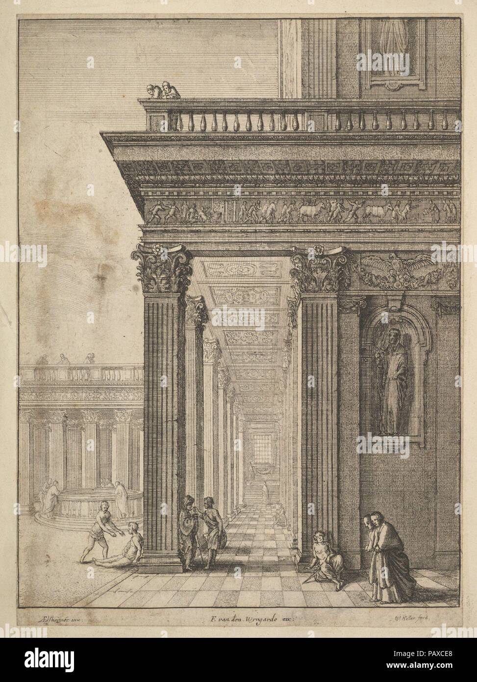 Temple courtyard with figures, after David Teniers the Elder (?). Artist: after Adam Elsheimer (German, Frankfurt 1578-1610 Rome). Dimensions: Sheet: 8 7/8 × 6 7/16 in. (22.5 × 16.4 cm). Etcher: Wenceslaus Hollar (Bohemian, Prague 1607-1677 London). Date: 1625-77.  Temple colonnade and courtyard, with walking, seated and conversing figures, some looking down a well at left. Museum: Metropolitan Museum of Art, New York, USA. Stock Photo