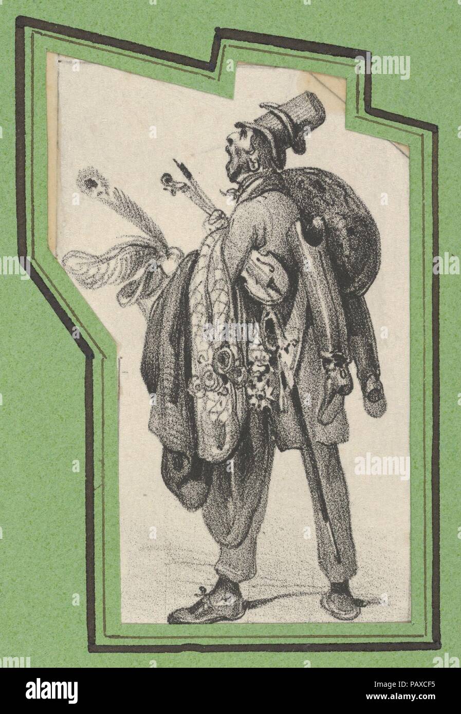Man wearing two hats and holding boots, jackets and a violin. Artist: Victor Adam (French, 1801-1866). Dimensions: Sheet: 2 5/8 × 1 5/8 in. (6.7 × 4.2 cm)  Mount: 6 3/4 x 3 9/16 in. (17.2 x 9 cm). Date: mid-19th century. Museum: Metropolitan Museum of Art, New York, USA. Stock Photo