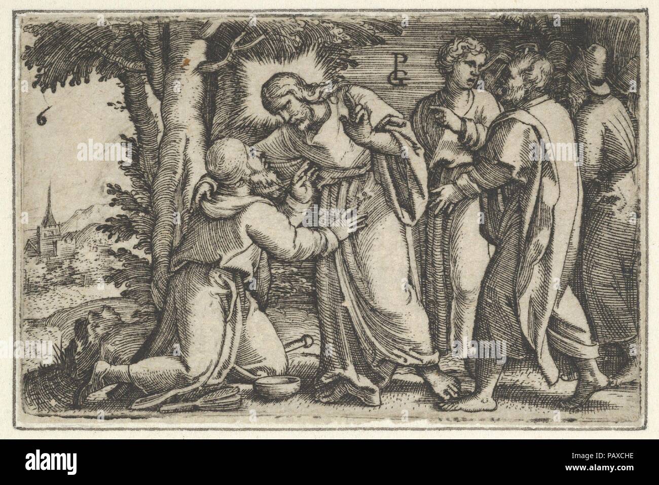 Christ Healing the Leper, from The Story of Christ. Artist: Georg Pencz (German, Wroclaw ca. 1500-1550 Leipzig). Dimensions: Sheet: 1 9/16 × 2 5/16 in. (3.9 × 5.8 cm). Series/Portfolio: The Story of Christ. Date: 1534-35. Museum: Metropolitan Museum of Art, New York, USA. Stock Photo