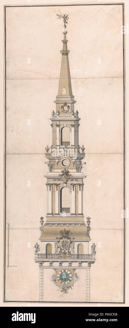Design for the Spire of the Church of Our Lady in Copenhagen. Artist: Vincents Lerche (Danish, Copenhagen 1666-1742 Copenhagen). Dimensions: Sheet: 28 3/8 × 11 7/16 in. (72 × 29 cm). Date: ca. 1738-42.  Design for the spire of a church in a Northern Baroque style. Depicted is the top half of the spire, starting from the clockwork on up. There are three tiers with a balustrade before the spire ends in a narrow tip, decorated with three crowns and surmounted by the figure of an angel blowing a horn. The tower is further decorated with statues of the Evangelists, the Danish Royal coat of arms and Stock Photo