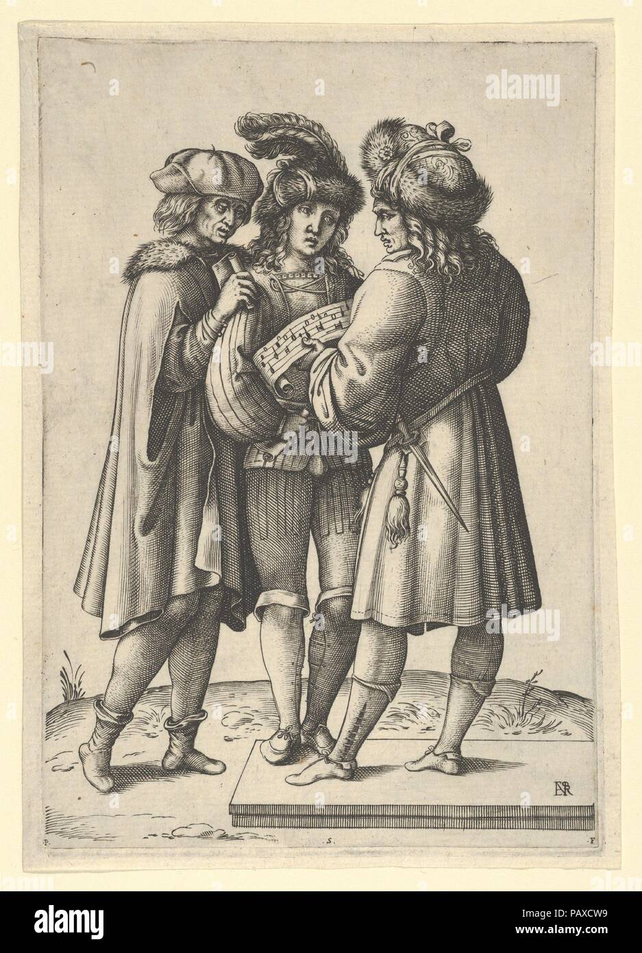 Three male singers standing together holding a sheet of music. Artist: After Marcantonio Raimondi (Italian, Argini (?) ca. 1480-before 1534 Bologna (?)); Attributed to Luca Ciamberlano (Italian, active Rome, 1599-1641). Dimensions: Plate: 6 3/4 × 4 13/16 in. (17.2 × 12.3 cm)  Sheet: 7 3/16 × 5 1/16 in. (18.2 × 12.9 cm). Publisher: Pietro Stefanoni (Italian, Valstagna ca. 1557- ca. 1642 Rome). Date: ca. 1599-1641. Museum: Metropolitan Museum of Art, New York, USA. Stock Photo