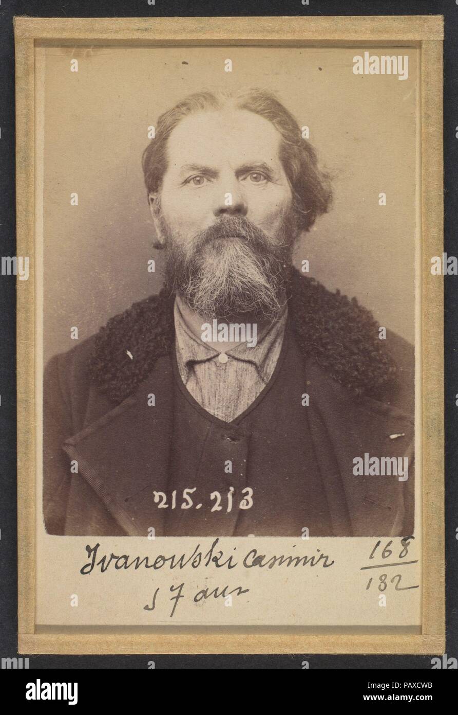 Iv(w)anowski. Casimir. 57 ans, né à Chalon-sur-Saône (Saône & Loire). Mécanicien. Anarchiste. 6/3/94. Artist: Alphonse Bertillon (French, 1853-1914). Dimensions: 10.5 x 7 x 0.5 cm (4 1/8 x 2 3/4 x 3/16 in.) each. Date: 1894.  Born into a distinguished family of scientists and statisticians, Bertillon began his career as a clerk in the Identification Bureau of the Paris Prefecture of Police in 1879. Tasked with maintaining reliable police records of offenders, he developed the first modern system of criminal identification. The system, which became known as Bertillonage, had three components: a Stock Photo