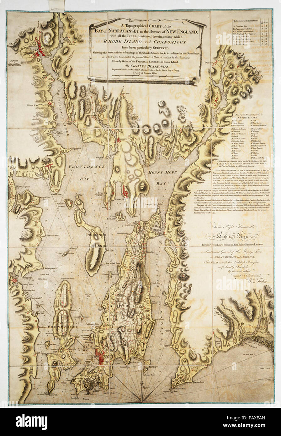 A topographical chart of the Bay of Narraganset in the province of New England with all the isles contained therein, among which Rhode Island and Connonicut have been particularly surveyed Stock Photo