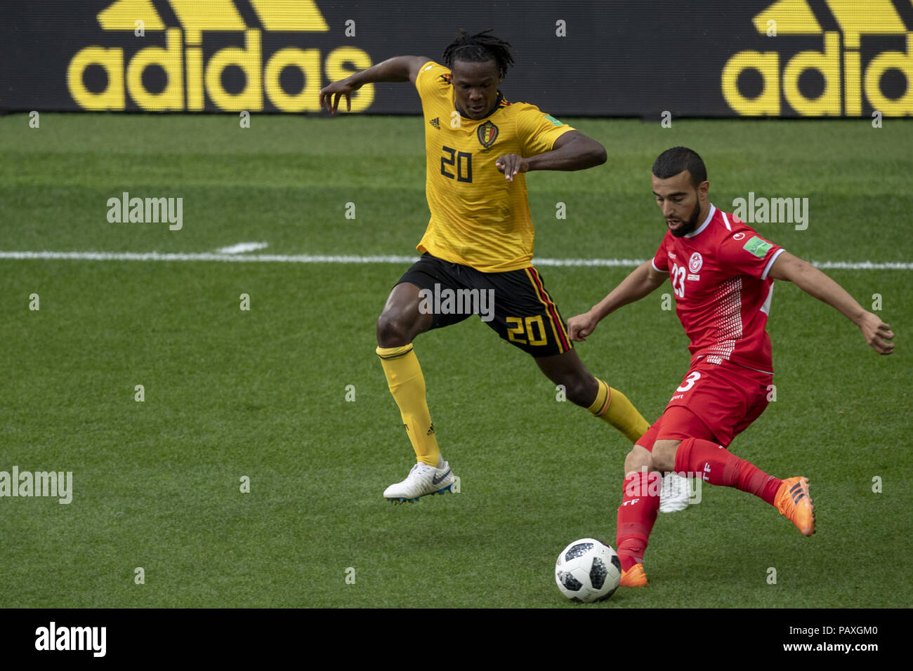 2018 FIFA World Cup group G match between Belgium and Tunisia at Otkritie Arena in Moscow, Russia.  Featuring: Dedryck BOYATA of Belgium, Naim SLITI of Tunisia Where: Moscow, Central Federal District, Russian Federation When: 23 Jun 2018 Credit: Anthony Stanley/WENN.com Stock Photo
