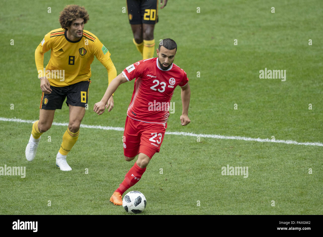 2018 FIFA World Cup group G match between Belgium and Tunisia at Otkritie Arena in Moscow, Russia.  Featuring: Marouane FELLAINI of Belgium, Naim SLITI of Tunisia Where: Moscow, Central Federal District, Russian Federation When: 23 Jun 2018 Credit: Anthony Stanley/WENN.com Stock Photo
