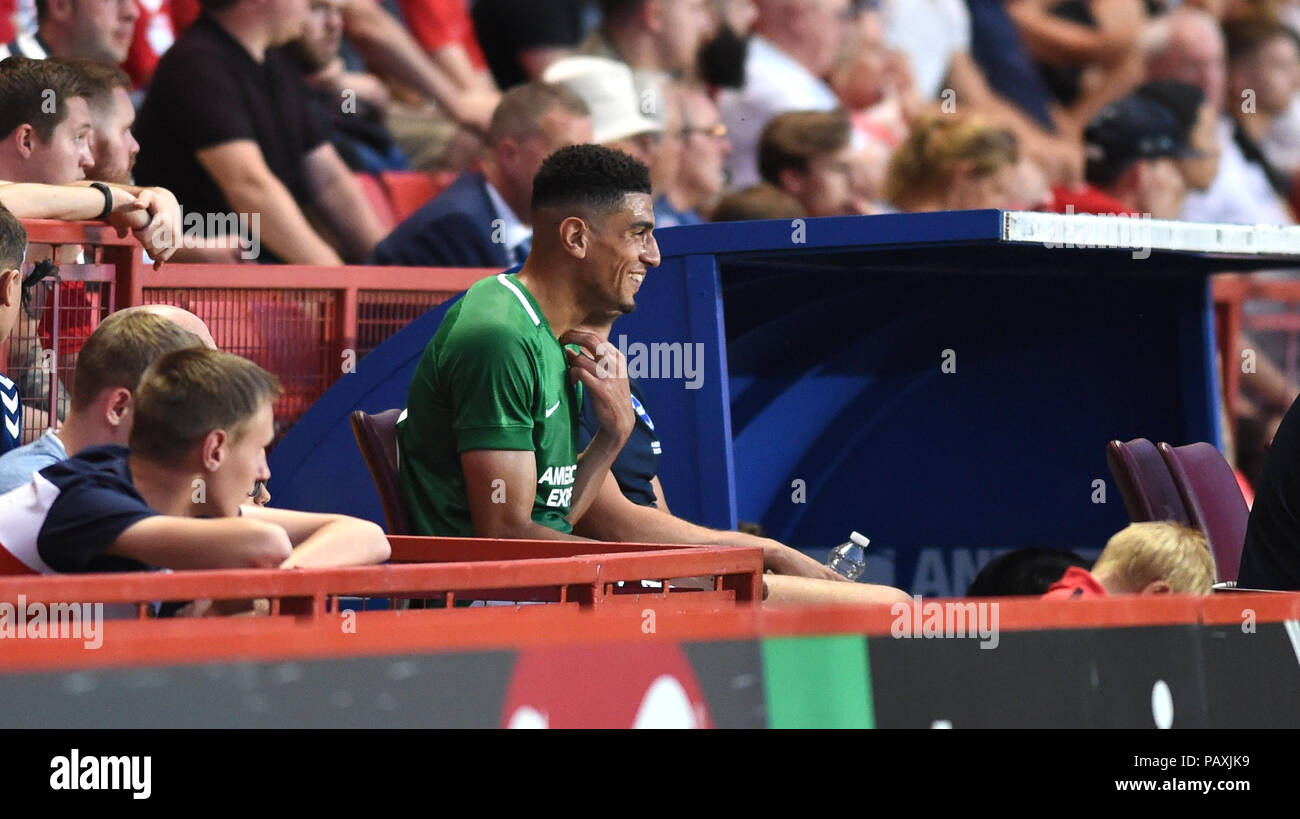 London UK 24th July 2018 - Leon Balogun of Brighton watches after coming off in the second half during the pre season friendly football match between Charlton Athletic and Brighton and Hove Albion  at The Valley stadium  Photograph taken by Simon Dack Stock Photo