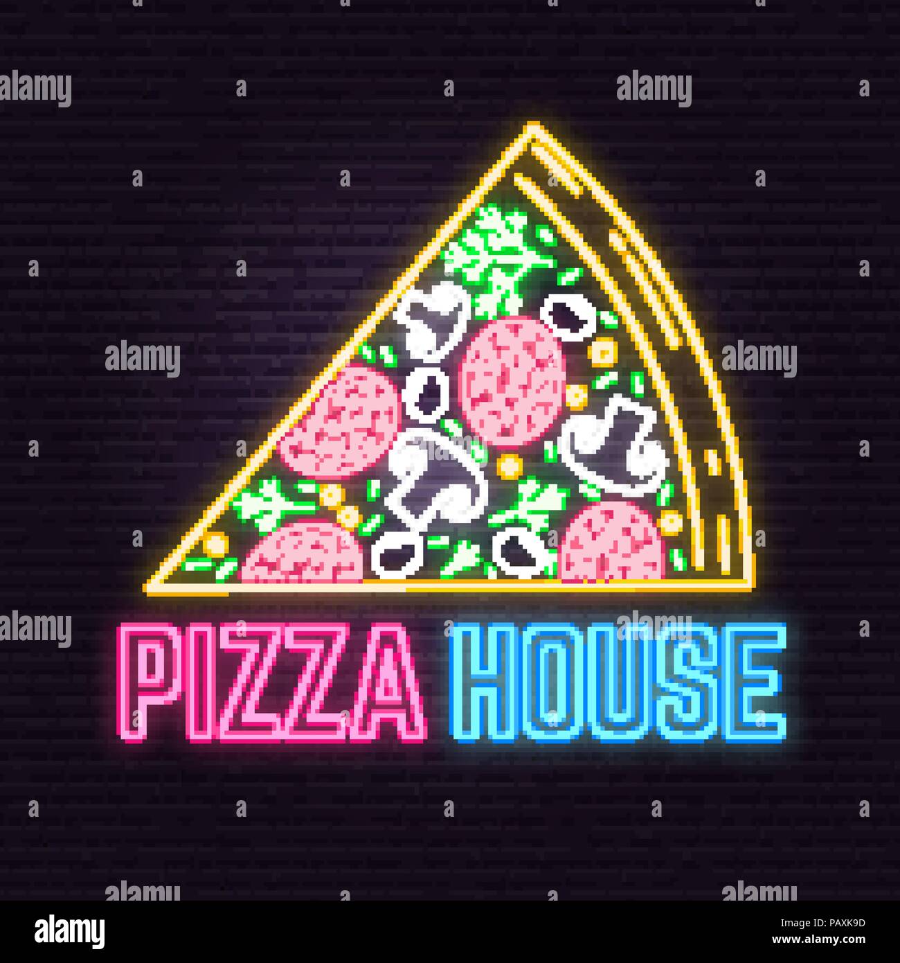 Retro neon pizza house sign on brick wall background. Design for cafe, hotel,restaurant or motel. Vector. Neon design for shop, bar, pub or fast food business. Light sign banner. Glass tube. Stock Vector