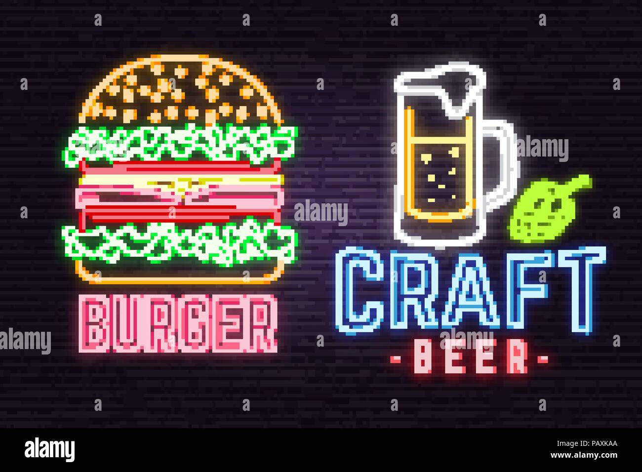 Retro neon burger and craft beer sign on brick wall background. Design for cafe, hotel,restaurant or motel. Vector illustration. Neon design for shop, bar, pub or fast food business. Light sign banner Stock Vector