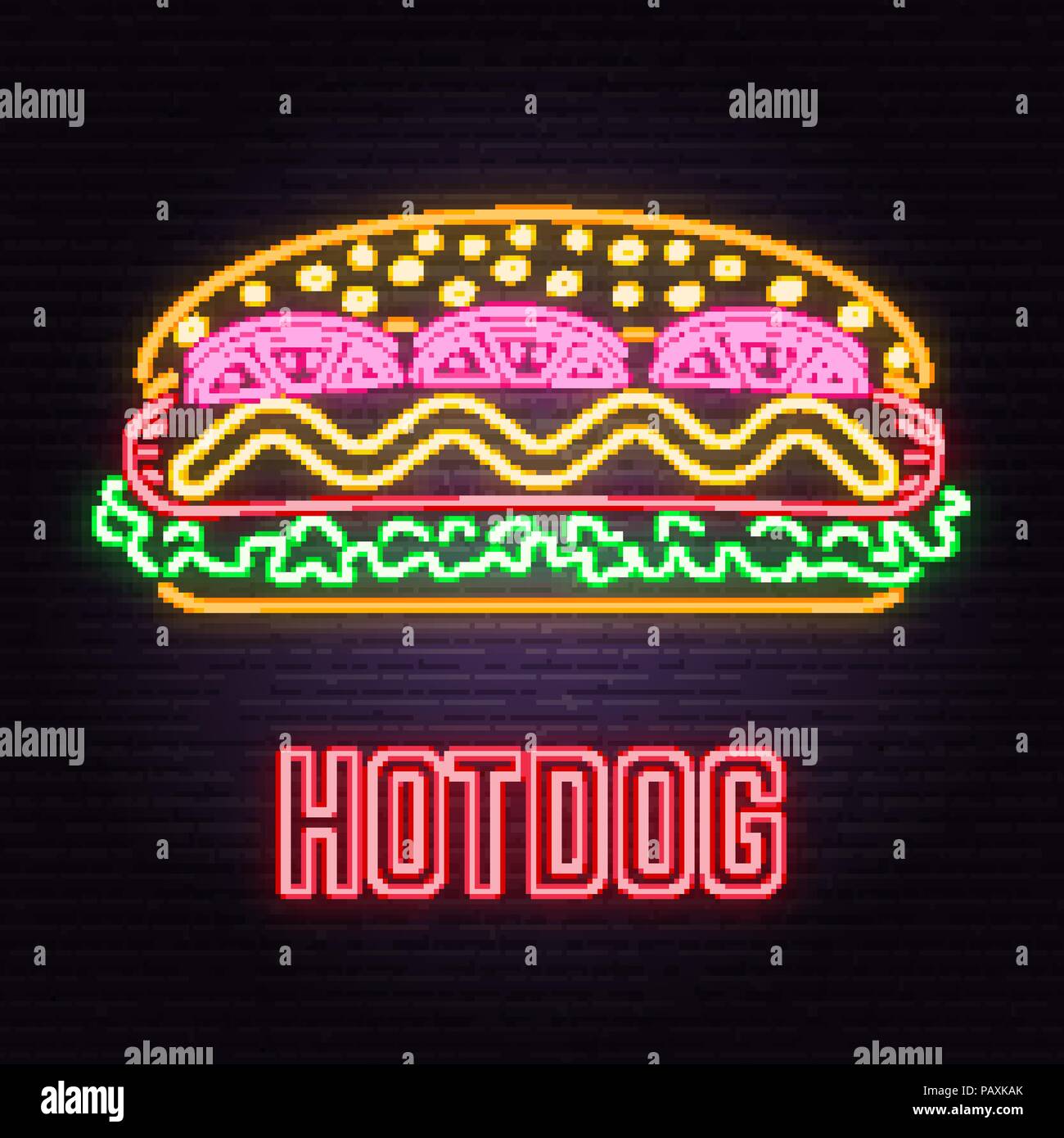 Retro neon hot dog sign on brick wall background. Design for cafe, hotel,restaurant or motel. Vector illustration. Neon design for shop, bar, pub or fast food business. Light sign banner. Glass tube. Stock Vector